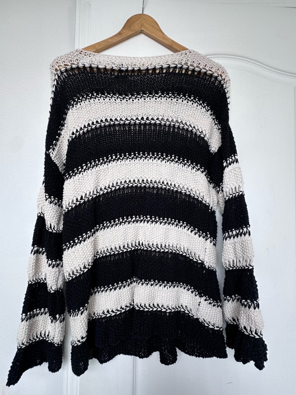 Massimo Dutti Black and Cream Striped Open-Knit Crewneck Sweater